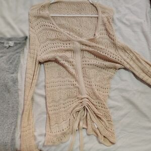 Women’s Open-Knit V-Neck Drawstring Sweater in Cream